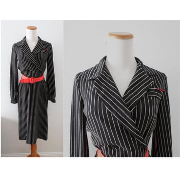 Vintage 80s Striped Midi Dress Black & White Long Sleeve Secretary Dress - Size Small 