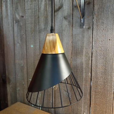 Modern Black Metal & Wood Pendant Light