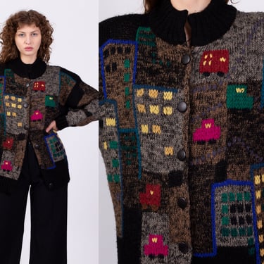 80s 90s City Scene Novelty Knit Cardigan - Medium | Vintage Boho Black Brown Button Up Mohair Sweater 