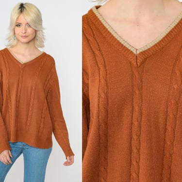 Cable Knit Sweater 70s Brown Burnt Orange Ringer V Neck Sweater Slouch Pullover 1970s Boho Vintage Knitwear Bohemian Oversized Men's Small S 