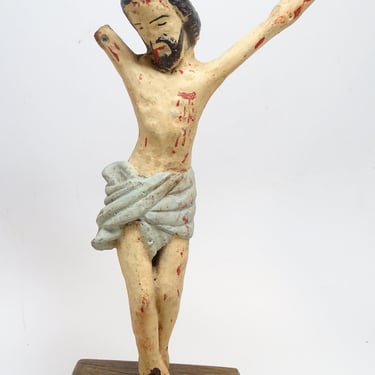 Antique Crucifix Fragment Jesus Christ, Hand Carved Polychrome Santos, Vintage Religious Church Decor 