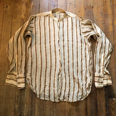 1920s Striped Silk Band Collar Shirt Medium Large 
