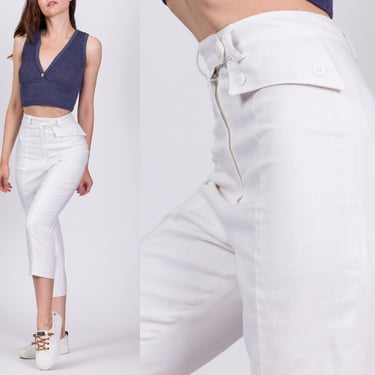 XXS 80s White High Waisted Capri Pants Petite 23" | Vintage Tapered Leg Linen Silk Blend Retro Trousers 