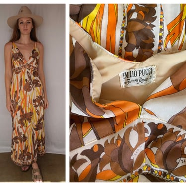 1960's Emilio Pucci Dress / Italian 60's Slip Nightgown / Modern Dress / Nylon Jersey Evening Gown / Orange and Yellow / Resortwear 