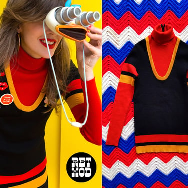ICONIC Vintage 60s 70s Black Red Orange Color Block Sweater by Gibi Roma 