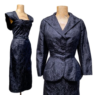 Vintage 1950s Adele Simpson Cocktail Wiggle Dress & Wasp Waist Jacket, Mid-Century Black Silk Jacquard Two-Piece Suit, Small 34" Bust, VFG 