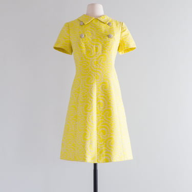Fabulous 1960's Yellow Silk Cocktail Dress With Rhinestone Buttons / Medium