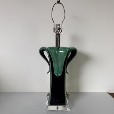 Vintage Postmodern Art Deco–Style Handmade Ceramic Table Lamp on Lucite Base 