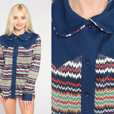 70s Blouse Navy Blue Zig Zag Striped Button Up Top Peter Pan collar Shirt 60s Colorful Yoke Western Groovy Long Sleeve Vintage 1970s Small S 