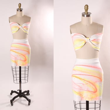 1980s White, Pink and Yellow Paint Splatter Stretch Bikini Tube Top High Waisted Mini Skirt Two Piece Outfit -L 