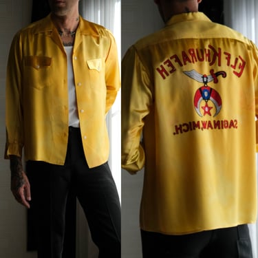 Vintage 50s ELF KHURAFEH Saginaw Michigan Shriners Yellow Satin Chainstitched Loop Collar Shirt | 1950s Satin Embroidered Camp Collar Shirt 