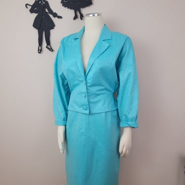 Vintage 1980's Oversized Blazer / 80s Teal 2 Piece Skirt and Top S 