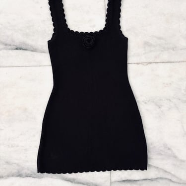 Y2K Mini Dress Crochet Knit Black Rosette Motif Cotton Women XS Cottagecore Grunge 