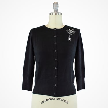 Embroidered Black Knit Sweater Cardigan - Spiderweb Heart and Spider Rockabilly Button Up Sweater 