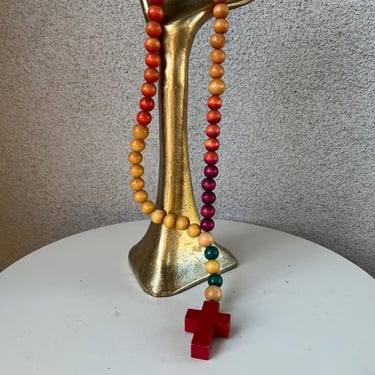 Vintage wood rosary necklace colorful round beads red crucifix New 