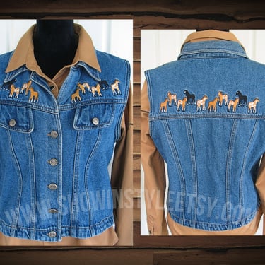 Vintage Retro Western Women's Cowgirl Vest by Gordon & James, Rodeo Jacket, Blue Denim with Horses, Tag Size XLarge (see meas. photo) 