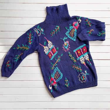 folk art sweater 80s 90s vintage Jennifer Reed Russian church blue embroidered turtleneck sweater 