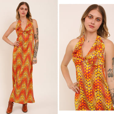 Vintage 1970s 70s Technicolor Psychedelic Floral Citrus Orange Purple Exaggerated Collar Halter Maxi Dress Gown 