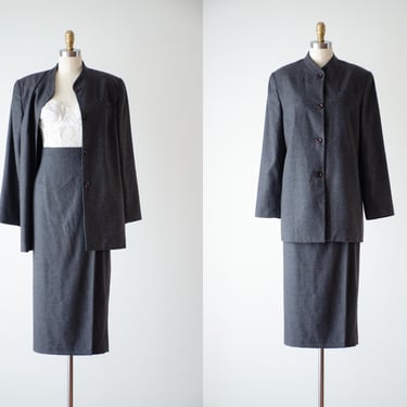 gray wool suit | 90s vintage charcoal wool dark academia long wrap skirt blazer jacket suit set 