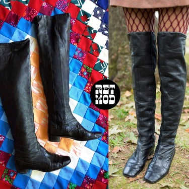 US 7.5/8 - SEXY VINTAGE 60s 70s Black Leather Over-the-Knee Boots 