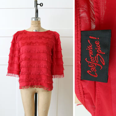 vintage 1980s red fringe blouse • fun eyelash fringe pullover loose fit blouse 