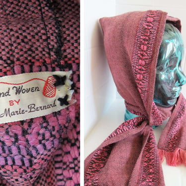 Vintage 60s Headscarf - Headcover with Scarf - 1960s Hand Woven Pink Black Wool  Babushka Hat 