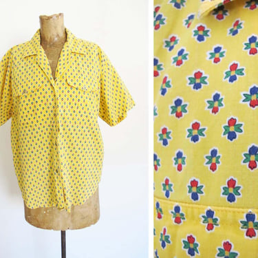 Vintage 90s Yellow Cotton Short Sleeve Button Up M L - 1990s Liz Sport Italian Floral Ditsy Collared Camp Button Down 