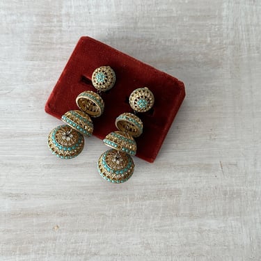 1980s Persian Turquoise and Gold Costume Chandelier Earrings 