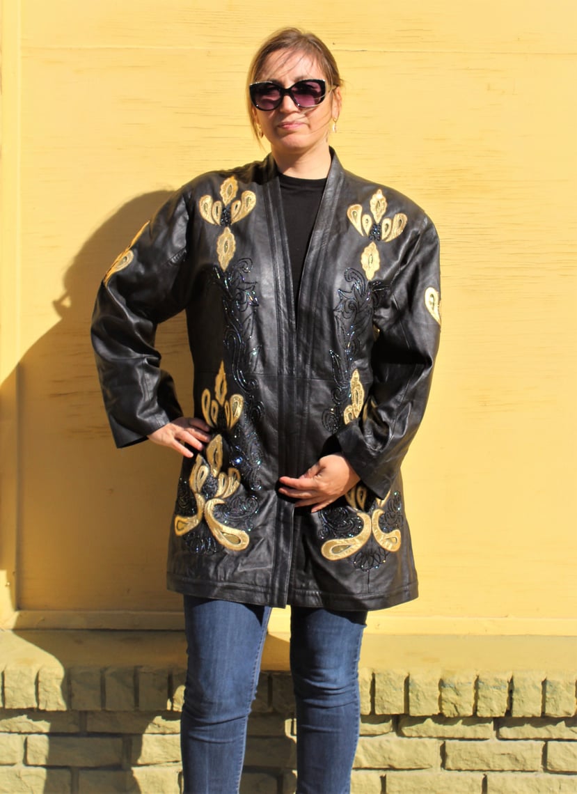 Vintage 1980s Leather Swing Coat, Medium Large Women, black leather