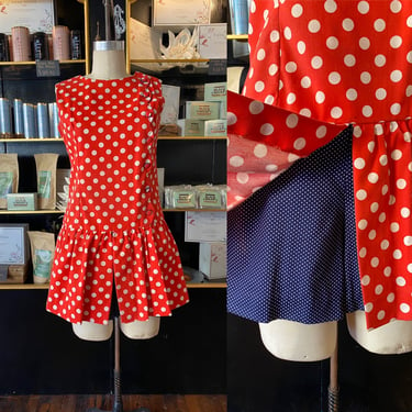 1960s romper, vintage skort, mod shift, red and white polka dot, reverse print, medium, scalloped, cotton dress, asymmetrical, sleeveless 