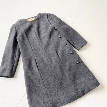 1960s Charcoal Grey Wool Coat with Buttons on Side 