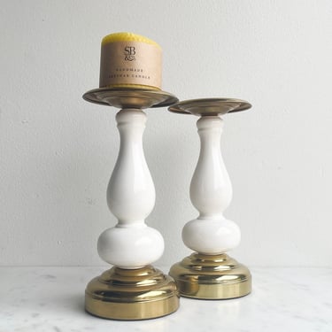 Vintage Brass + White Glass Candleholders Set of Two Candlestick Holder Pair Candle Holder Candle Taper Tabletop Mantle Mid Century Style 