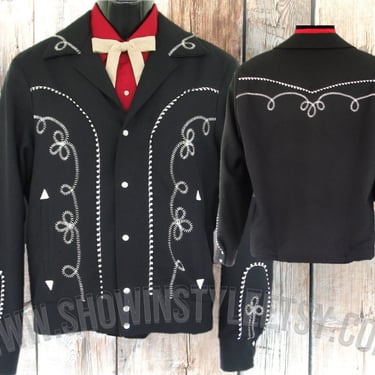 H Bar C, California Ranchwear Men's Black Jacket, Vintage Western Cowboy Jacket, White Embroidered Trim, Tag Size XLarge (see meas. photo) 