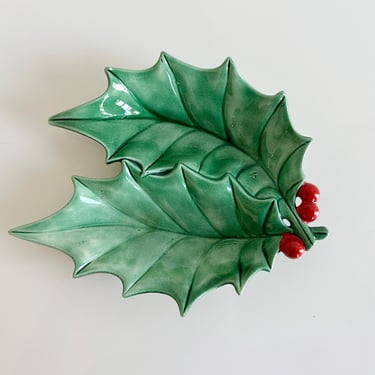 Green Holly Christmas Candy Nut Dish: Holiday Serving Plate Homemade Atlantic Mold Vintage 