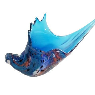 Vintage Blue Art Glass Shell / Murano Style Conch Shell Figurine / Art Glass Sea Shell Sculptural Vase / Vintage Beach Decor 