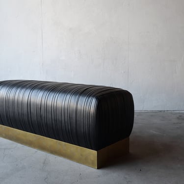 Pleated Strap Black Leather and Faux Patinated Brass Benches 