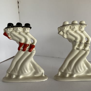 Art Deco Colored Ceramic Dancing Showgirl Pair, by Plateelbakkerij Zuid-Holland Gouda 