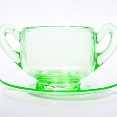 Vintage Uranium Glass Sugar Bowl with Saucer, Double Handle 