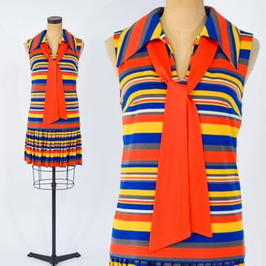 1960s Orange Striped Sleeveless Dress | 60s Orange Pleated Shift Dress | Twiggy | Small 