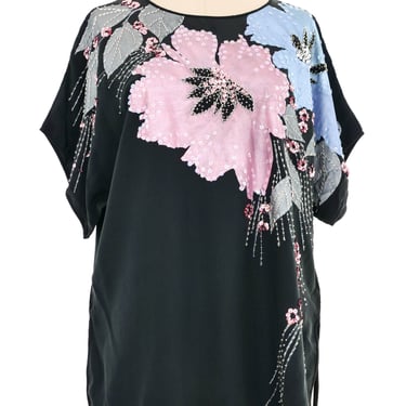 Black Embellished Floral Silk Short Sleeve Top