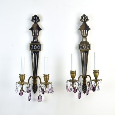 Pair of Venetian Style Torch Shape Mirror Back Sconces with Crystal Lusters 
