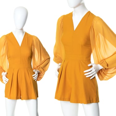 Modern Romper | 1970s 70s Vintage Style Mustard Yellow Chiffon Balloon Sleeves Shorts Party Playsuit Jumpsuit | x-small 
