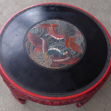 Mid-Century Modern Chinese Lacquer Round Coffee Table With Birds 