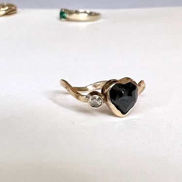 Black Diamond Heart with White Diamond in Handmade 14k Gold Wiggle Band 