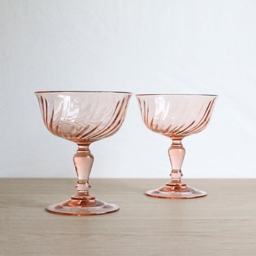 2 French vintage 70s Luminarc champagne coupe glasses, Rosaline blush pink swirl glass 