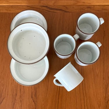 dansk brown mist set of 4 cups OR set of 3 rimmed soup bowls made in Denmark brown rim pottery 