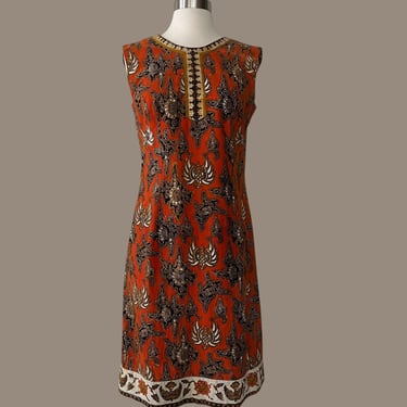 Vintage 60s Patterned Batik Cotton Dress by Mulchands 