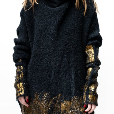 Gold Foil Detail Black Alpaca Knit Turtle Neck