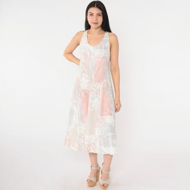 Vintage 80s Pastel Sun Dress Abstract Print Midi Low Drop Waist Sleeveless Criss-Cross Tank Strap Summer Sundress 1980s Small S 