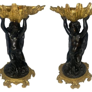 Pair of 19th C. Gilt Bronze Garnitures with Shell-Form Bowls Supported by Angels